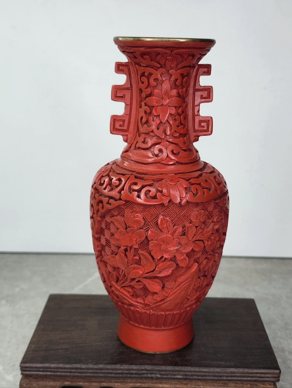 Vintage Chinese Cinnabar Lacquer Vase, Carved Floral Design, Cobalt Blue Enamel